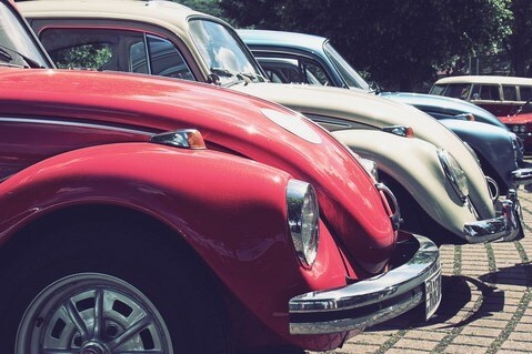 Classic VW Beetles lined up for a photo