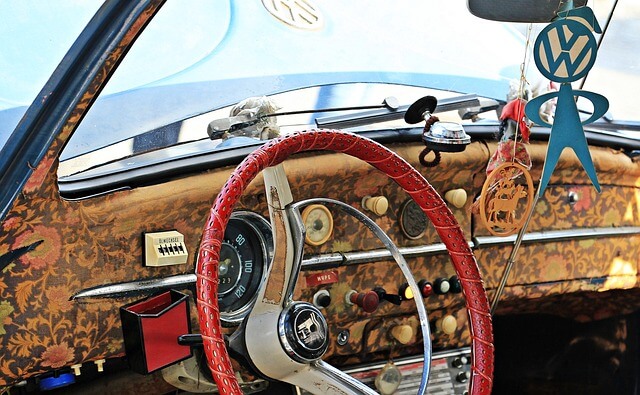 Interior of a VW Beetle that has been customized by a Hippie